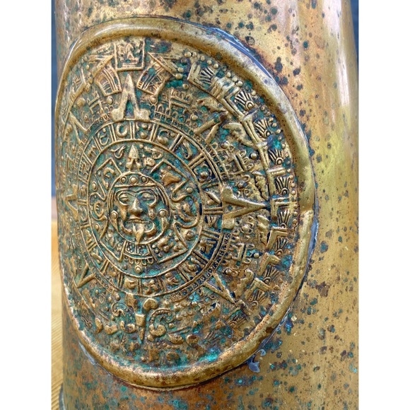 vintage Aztec mayan calendar pitcher vase : brass + copper : handmade - Picture 11 of 17